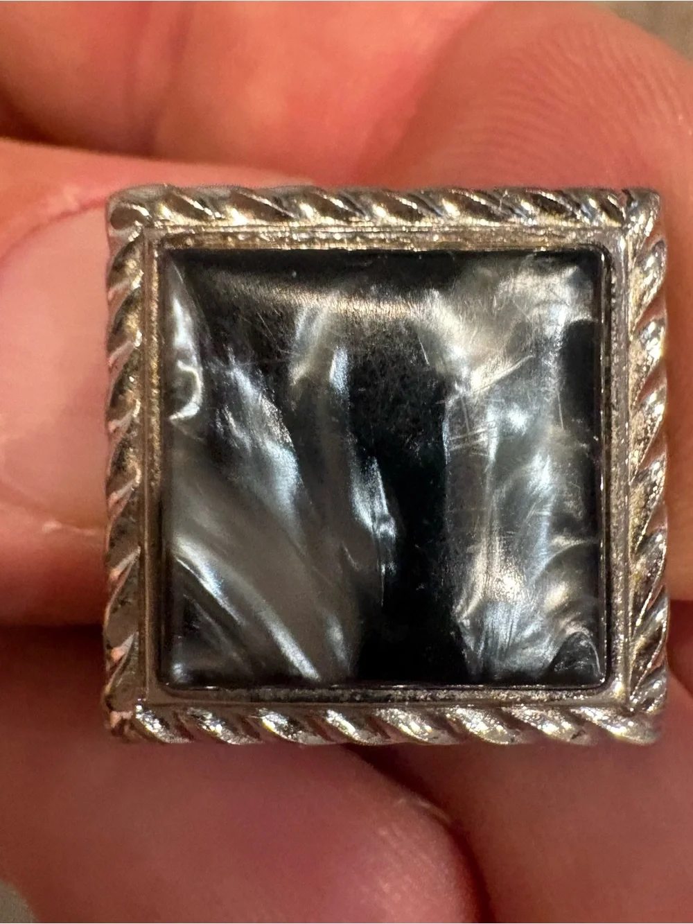 Silver Tone Cuff Links With Large Square Black/ White Swirl Inlay Stone